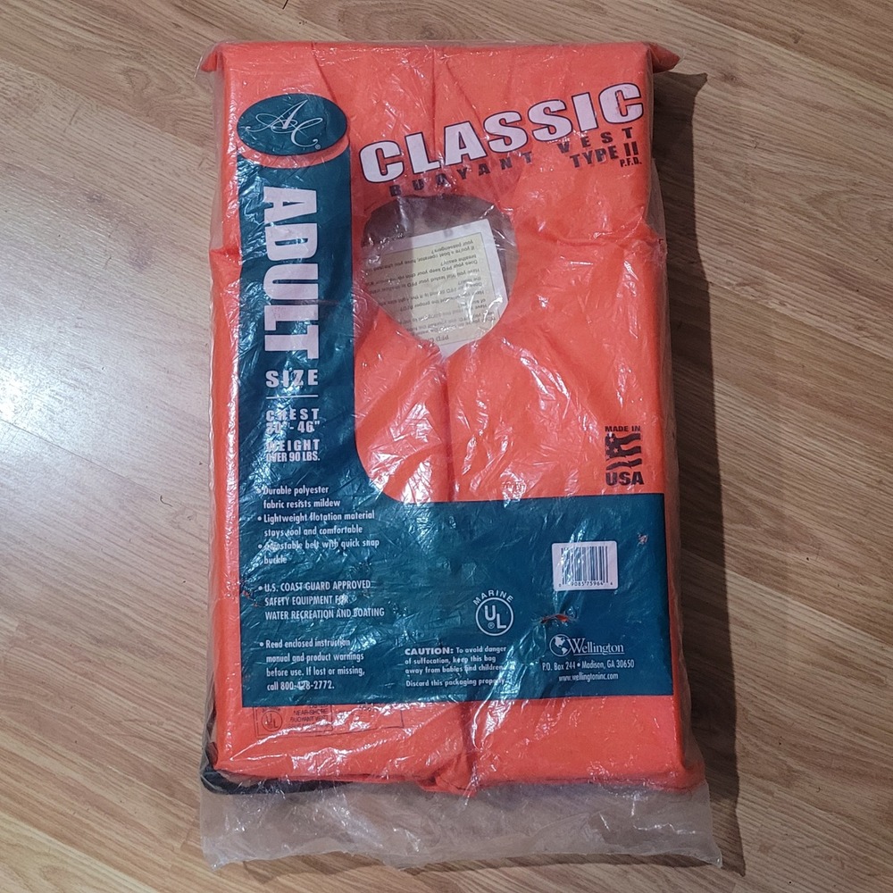 NEW Wellington Adult Life Vest Classic Type‎ II PFD 30-46" Orange USA